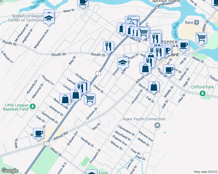 map of restaurants, bars, coffee shops, grocery stores, and more near 98 Green Street in Biddeford