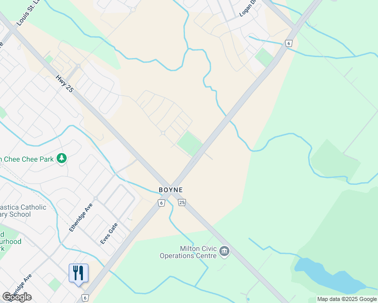 map of restaurants, bars, coffee shops, grocery stores, and more near 8175 Britannia Road in Milton