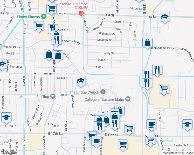 map of restaurants, bars, coffee shops, grocery stores, and more near 963 Hoopes Avenue in Idaho Falls