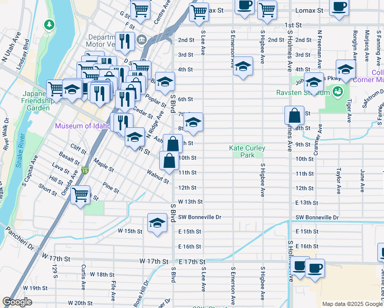 map of restaurants, bars, coffee shops, grocery stores, and more near 158 9th Street in Idaho Falls