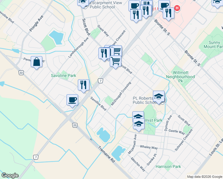 map of restaurants, bars, coffee shops, grocery stores, and more near 329 Tonelli Lane in Milton