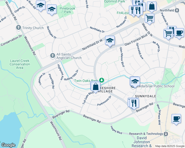 map of restaurants, bars, coffee shops, grocery stores, and more near 511 Havelock Drive in Waterloo