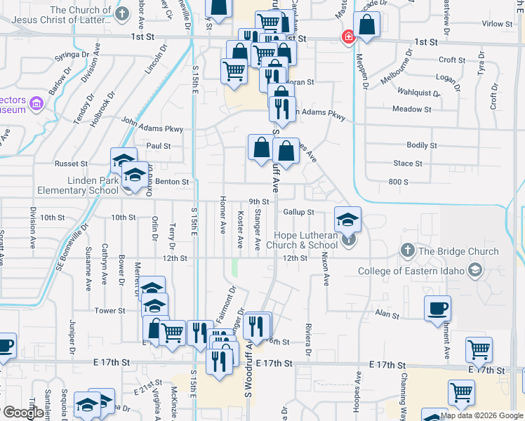 map of restaurants, bars, coffee shops, grocery stores, and more near 900 Stanger Avenue in Idaho Falls