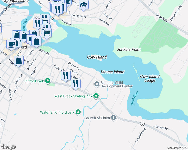 map of restaurants, bars, coffee shops, grocery stores, and more near 6 Lafayette Street in Biddeford
