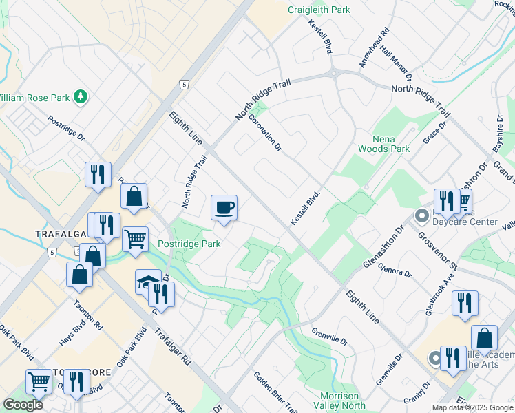 map of restaurants, bars, coffee shops, grocery stores, and more near 2354 Eighth Line in Oakville