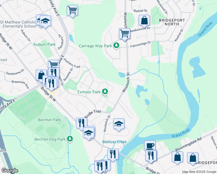 map of restaurants, bars, coffee shops, grocery stores, and more near 480 Exmoor Street in Waterloo