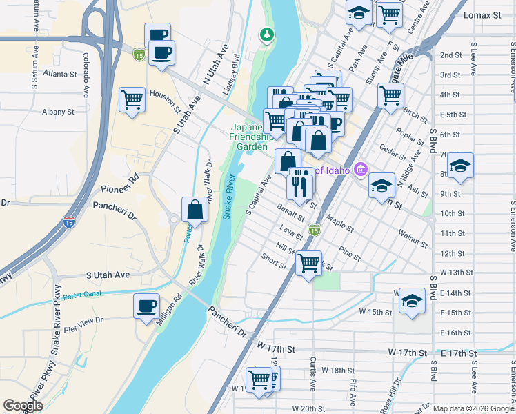 map of restaurants, bars, coffee shops, grocery stores, and more near 389 Basalt Street in Idaho Falls