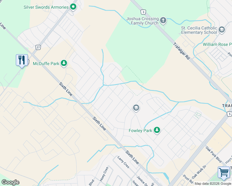 map of restaurants, bars, coffee shops, grocery stores, and more near 3281 Post Road in Oakville