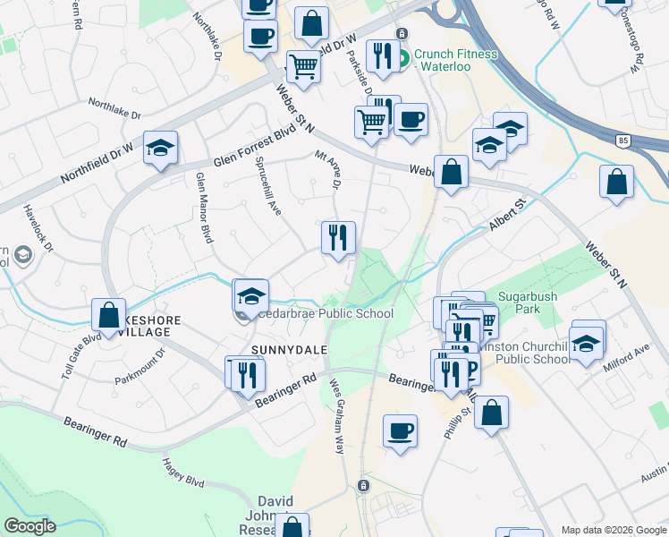 map of restaurants, bars, coffee shops, grocery stores, and more near 181B Cedarvale Crescent in Waterloo