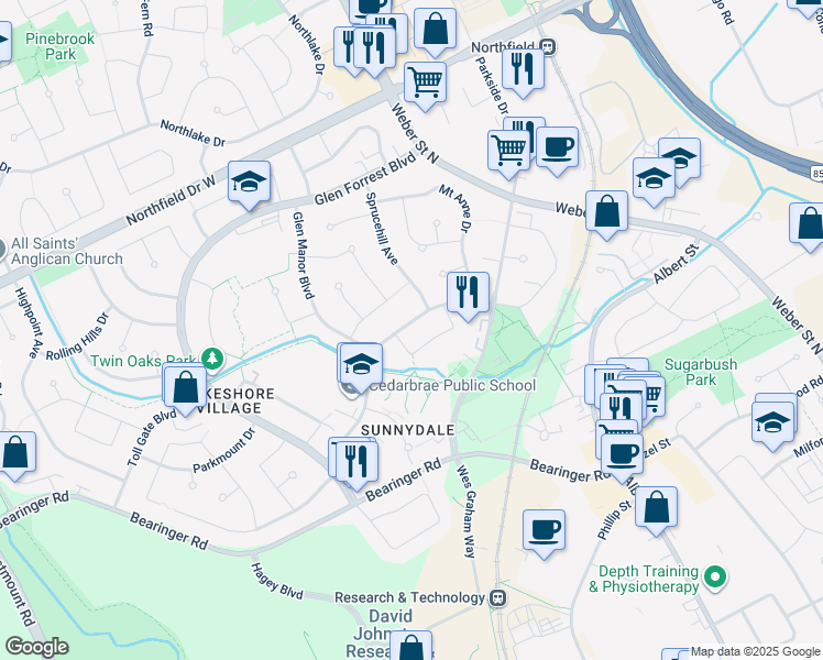 map of restaurants, bars, coffee shops, grocery stores, and more near 191 Cedarbrae Avenue in Waterloo