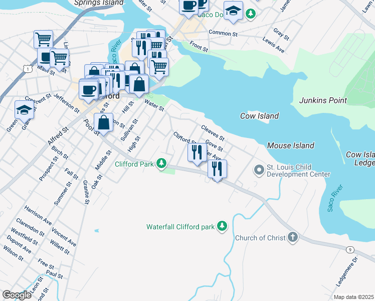 map of restaurants, bars, coffee shops, grocery stores, and more near 21 George Street in Biddeford