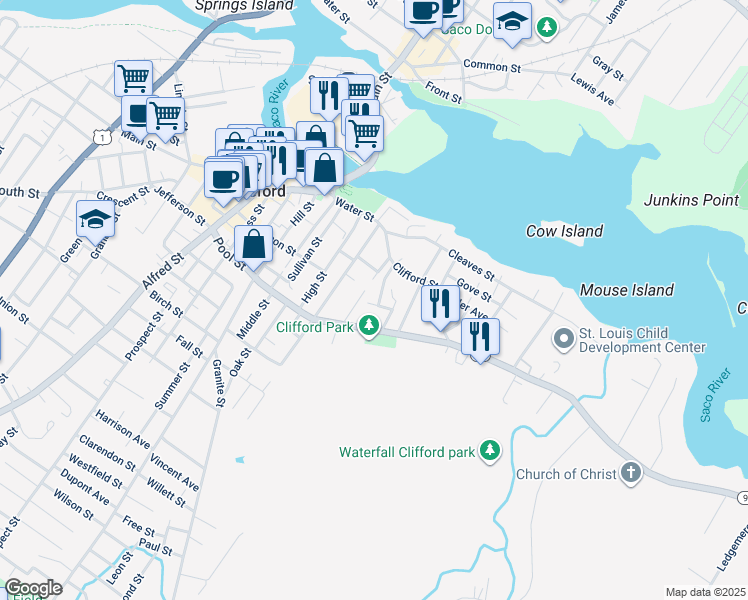 map of restaurants, bars, coffee shops, grocery stores, and more near 4 Tibbetts Avenue in Biddeford