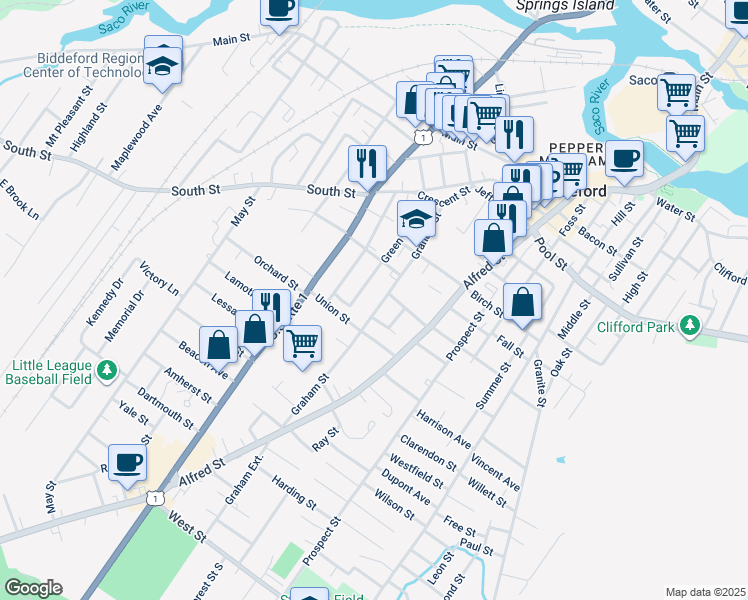 map of restaurants, bars, coffee shops, grocery stores, and more near 98 Green Street in Biddeford