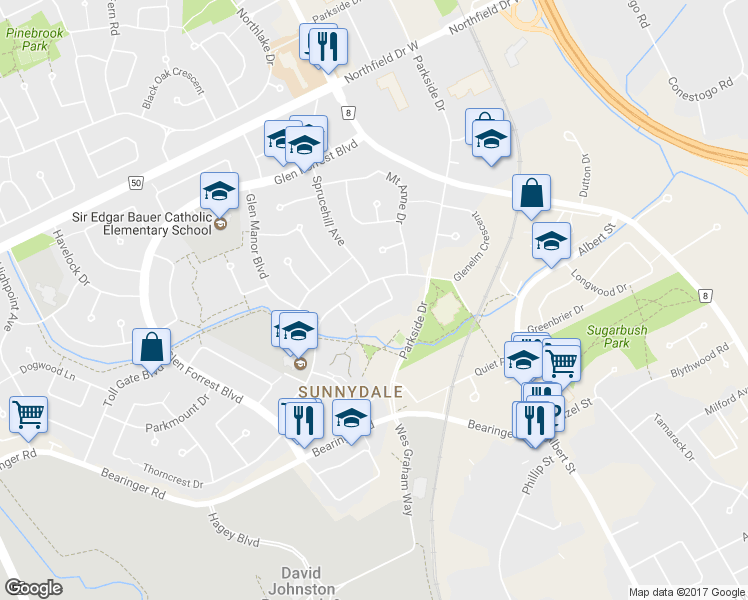 map of restaurants, bars, coffee shops, grocery stores, and more near 177 A Cedarvale Crescent in Waterloo