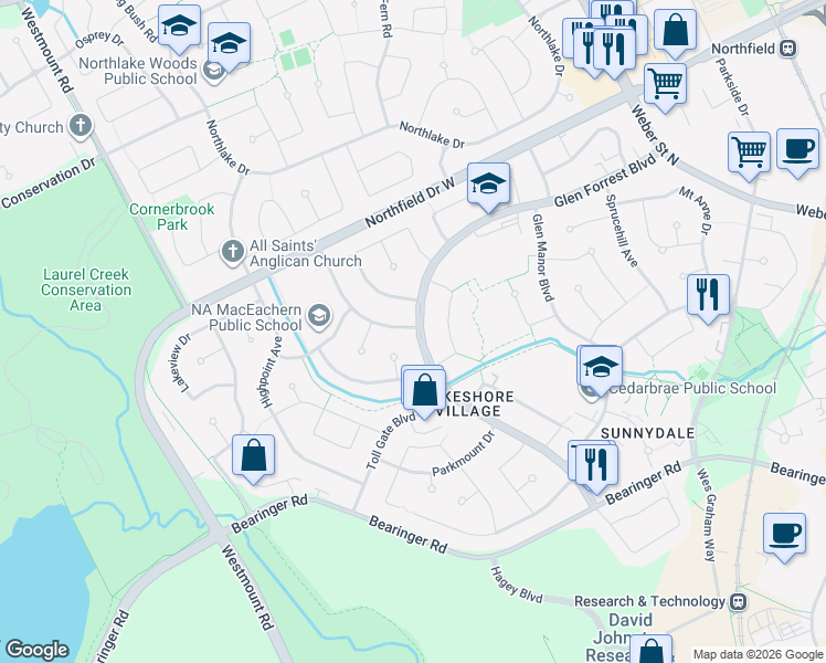 map of restaurants, bars, coffee shops, grocery stores, and more near 608 Glen Forrest Boulevard in Waterloo