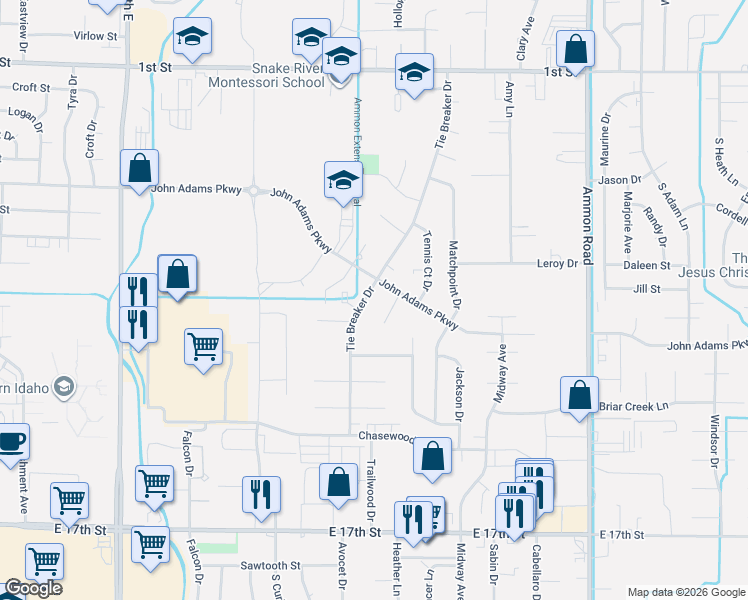 map of restaurants, bars, coffee shops, grocery stores, and more near 855 Tie Breaker Drive in Ammon