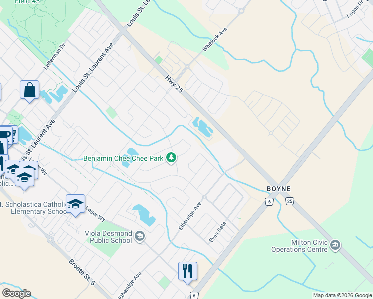 map of restaurants, bars, coffee shops, grocery stores, and more near 600 Beam Court in Milton