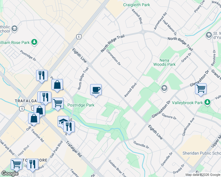 map of restaurants, bars, coffee shops, grocery stores, and more near 2354 Eighth Line in Oakville