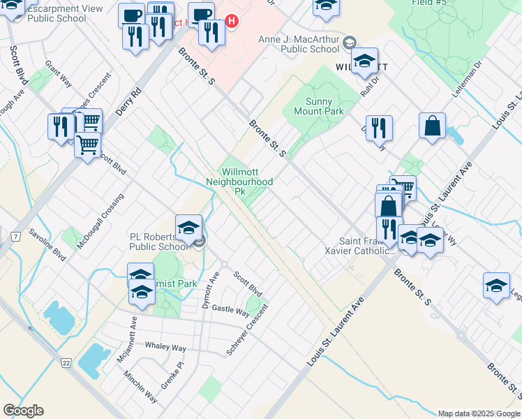 map of restaurants, bars, coffee shops, grocery stores, and more near Tight Court in Milton