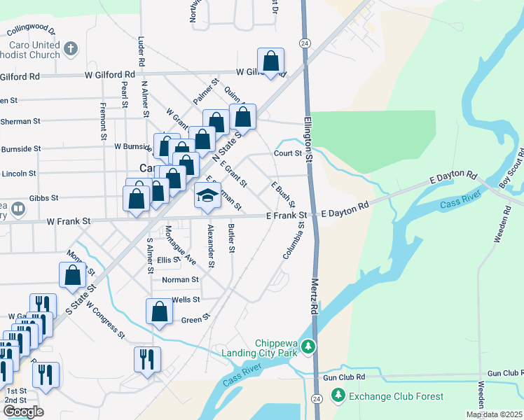 map of restaurants, bars, coffee shops, grocery stores, and more near 321 East Grant Street in Caro
