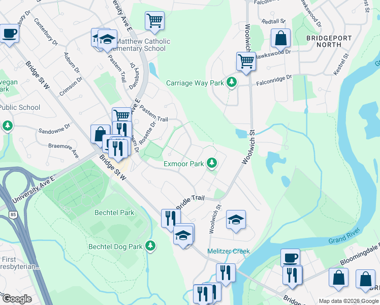 map of restaurants, bars, coffee shops, grocery stores, and more near 220 Pastern Trail in Waterloo