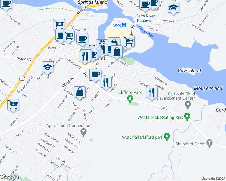 map of restaurants, bars, coffee shops, grocery stores, and more near 83 High Street in Biddeford