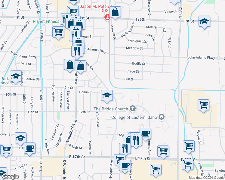 map of restaurants, bars, coffee shops, grocery stores, and more near 955 Hoopes Avenue in Idaho Falls