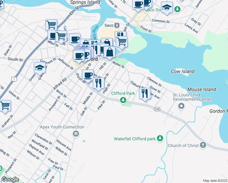map of restaurants, bars, coffee shops, grocery stores, and more near 17 Bristol Street in Biddeford