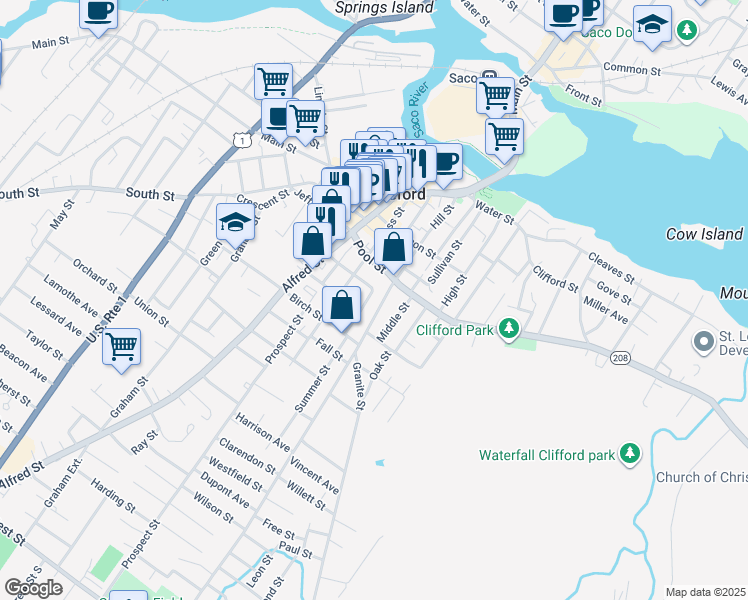 map of restaurants, bars, coffee shops, grocery stores, and more near 89 Hill Street in Biddeford
