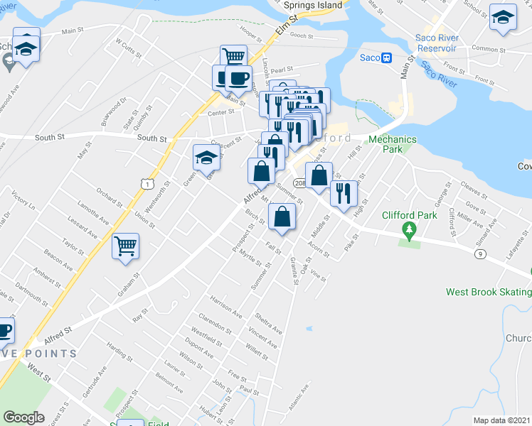 map of restaurants, bars, coffee shops, grocery stores, and more near 12 Mount Vernon Street in Biddeford