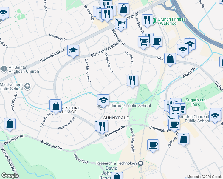 map of restaurants, bars, coffee shops, grocery stores, and more near 198 Cedarbrae Avenue in Waterloo