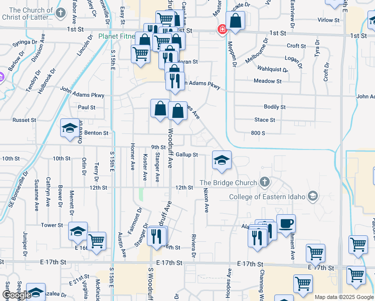 map of restaurants, bars, coffee shops, grocery stores, and more near 1821 Gallup Street in Idaho Falls