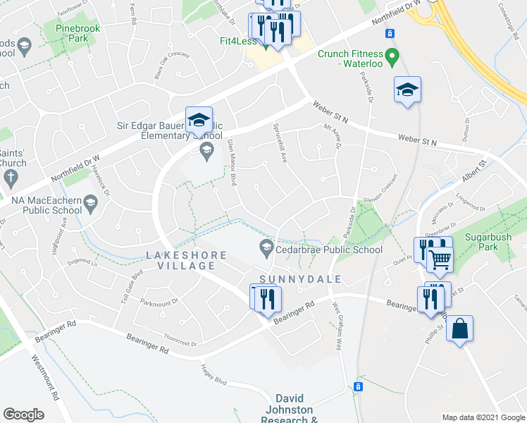 map of restaurants, bars, coffee shops, grocery stores, and more near 163 Pinegrove Crescent in Waterloo