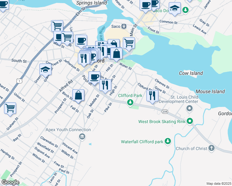 map of restaurants, bars, coffee shops, grocery stores, and more near 70 Pike Street in Biddeford