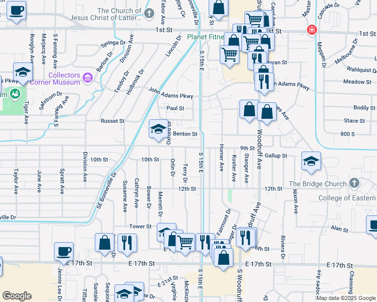 map of restaurants, bars, coffee shops, grocery stores, and more near 901 Terry Drive in Idaho Falls