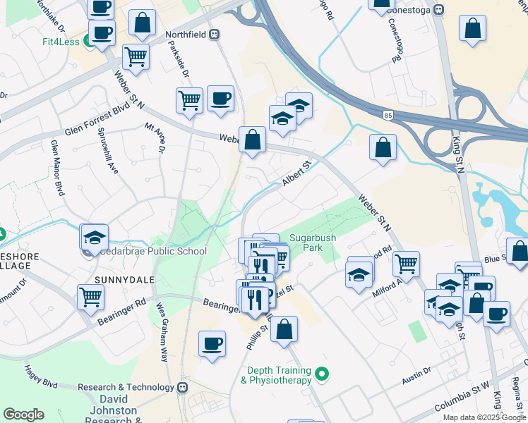map of restaurants, bars, coffee shops, grocery stores, and more near Moccasin Drive in Waterloo