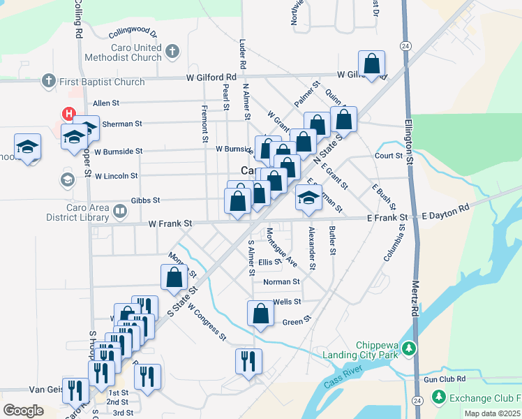 map of restaurants, bars, coffee shops, grocery stores, and more near 21 North Almer Street in Caro