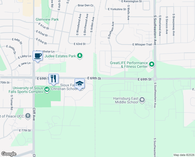 map of restaurants, bars, coffee shops, grocery stores, and more near E 69th St in Sioux Falls