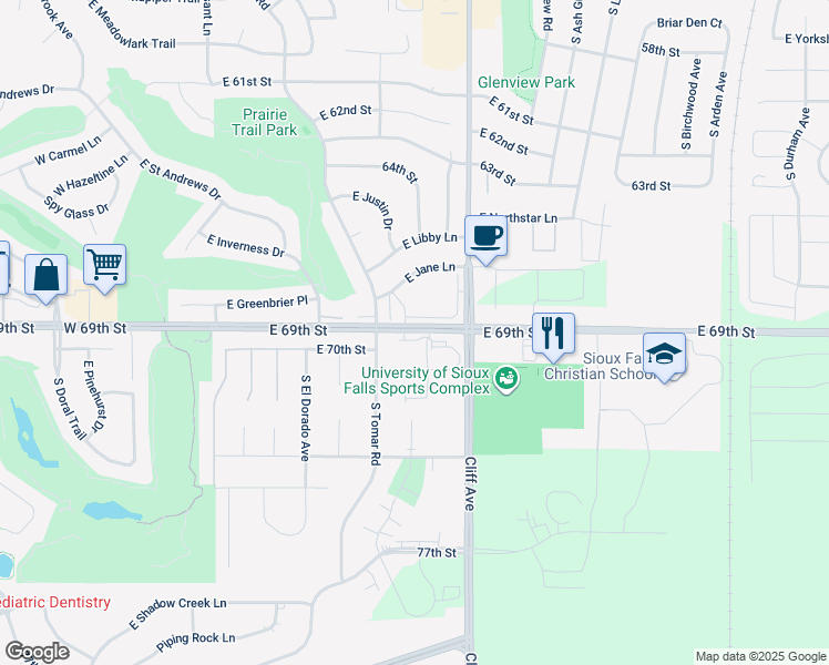 map of restaurants, bars, coffee shops, grocery stores, and more near 976-1098 East 69th Street in Sioux Falls