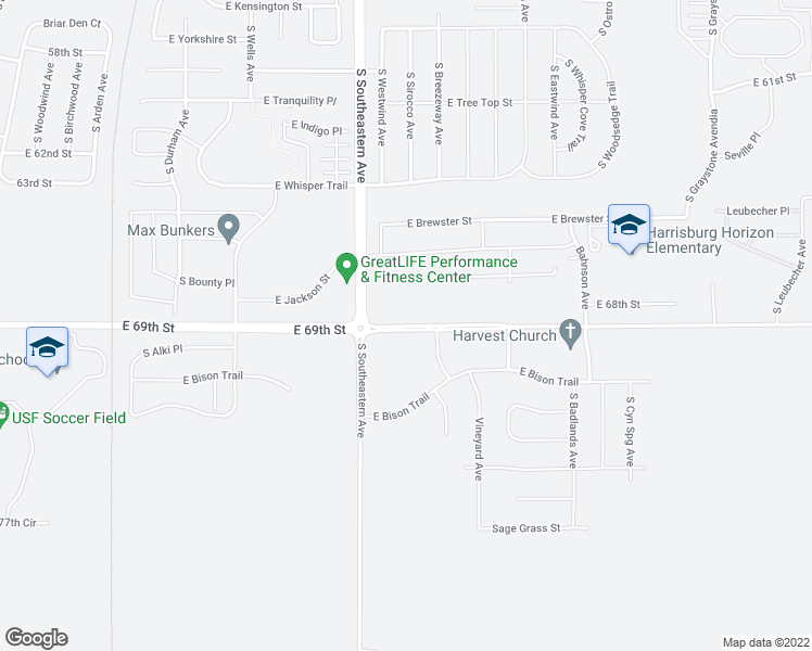 map of restaurants, bars, coffee shops, grocery stores, and more near East 69th Street in Sioux Falls
