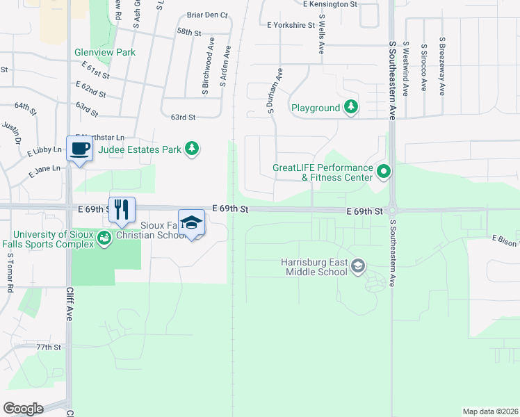 map of restaurants, bars, coffee shops, grocery stores, and more near 47550-47592 E 69th St in Sioux Falls