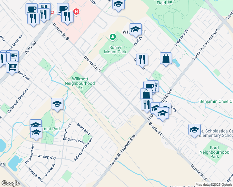 map of restaurants, bars, coffee shops, grocery stores, and more near 1075 Biason Circle in Milton
