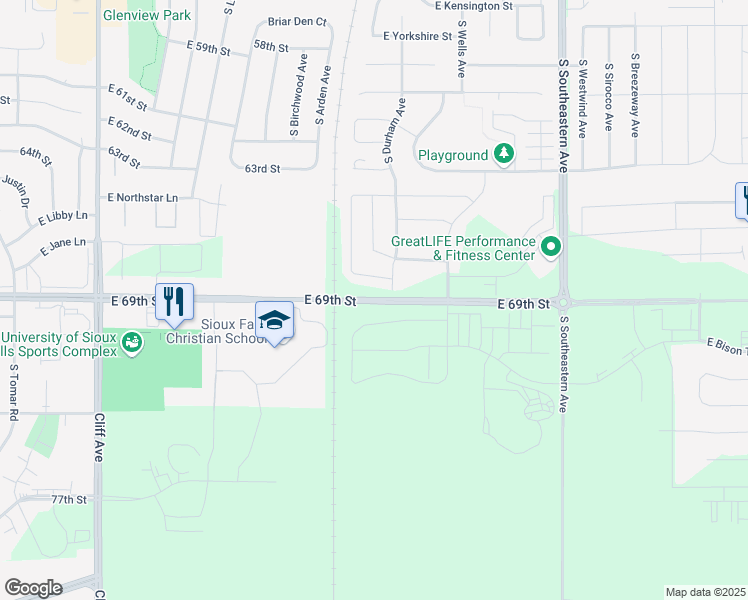 map of restaurants, bars, coffee shops, grocery stores, and more near 47554 East 69th Street in Sioux Falls