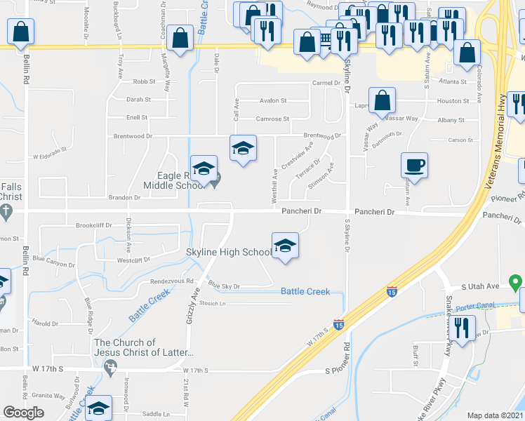 map of restaurants, bars, coffee shops, grocery stores, and more near Pancheri Drive in Idaho Falls
