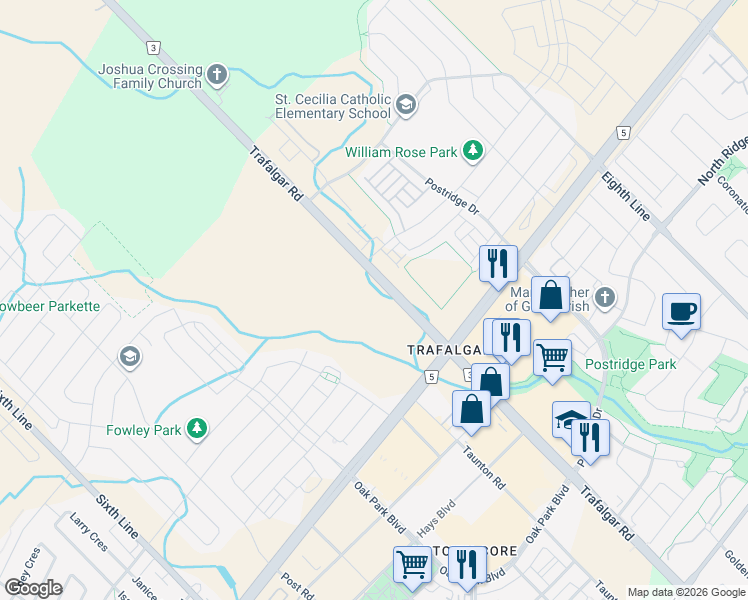 map of restaurants, bars, coffee shops, grocery stores, and more near 3070 Trafalgar Road in Oakville