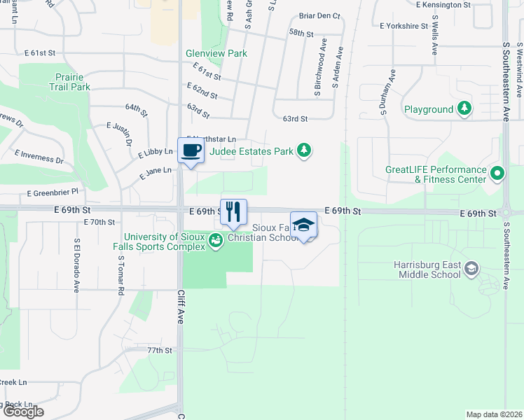 map of restaurants, bars, coffee shops, grocery stores, and more near S Charger Cir in Sioux Falls