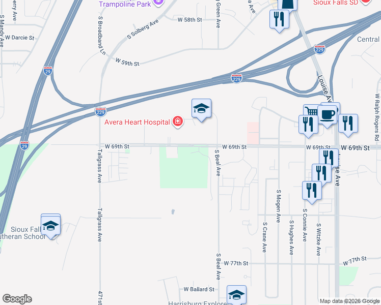 map of restaurants, bars, coffee shops, grocery stores, and more near 47129-47147 West 69th Street in Sioux Falls