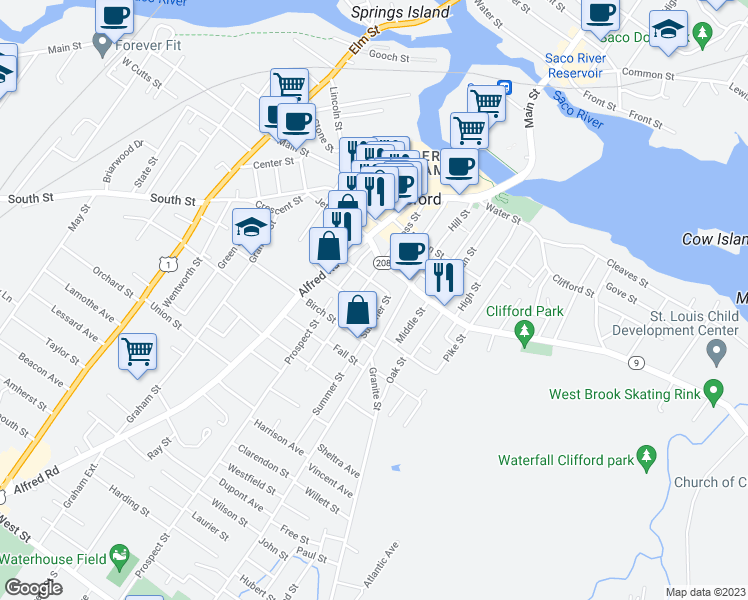 map of restaurants, bars, coffee shops, grocery stores, and more near 31 Mount Vernon Street in Biddeford