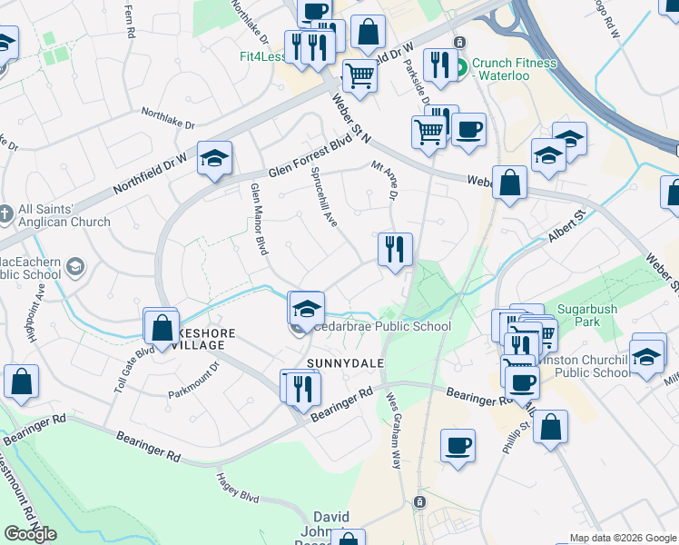 map of restaurants, bars, coffee shops, grocery stores, and more near 188 Cedarbrae Avenue in Waterloo