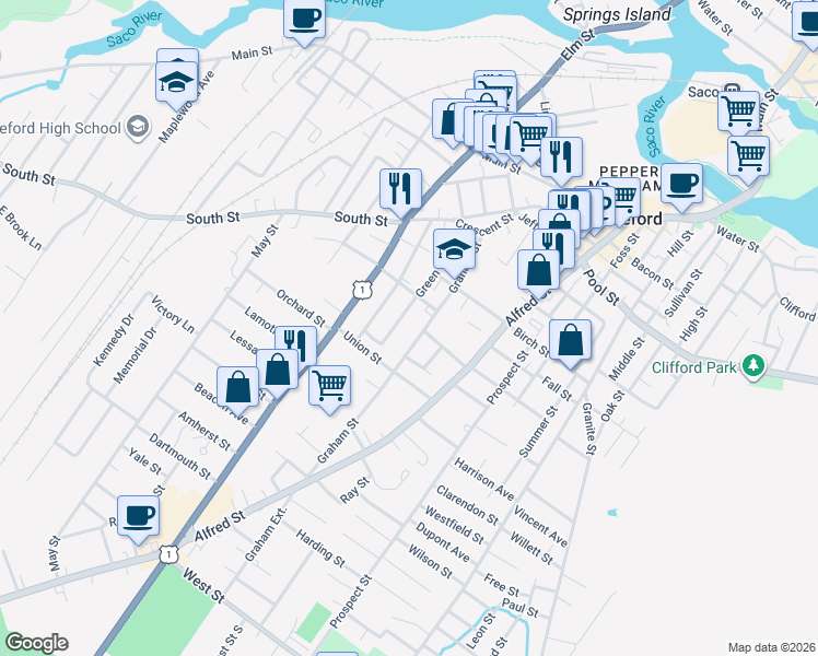 map of restaurants, bars, coffee shops, grocery stores, and more near 98 Green Street in Biddeford